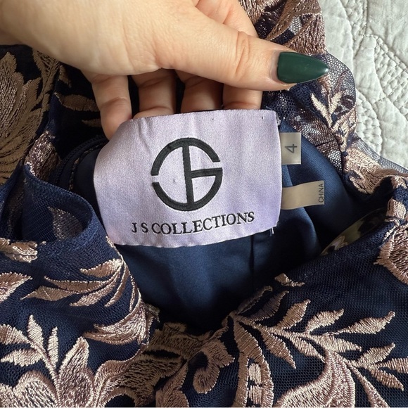 JS Collections - Embroidered Halter Gown - Latte/ Navy - Picture 9 of 15